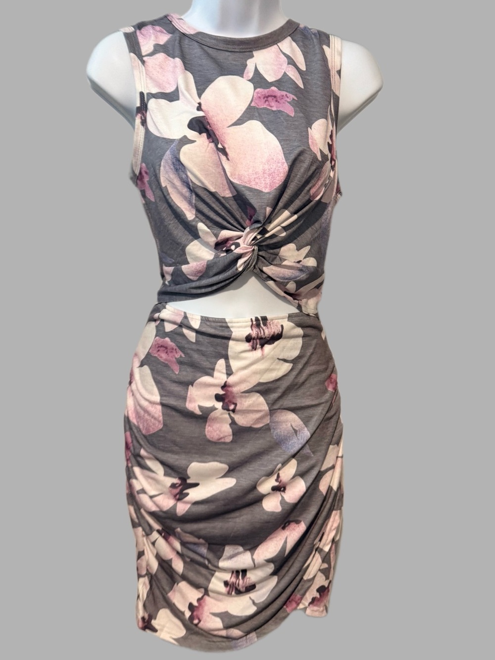 Sleeveless Gray & Pink Floral Twist Front Dress